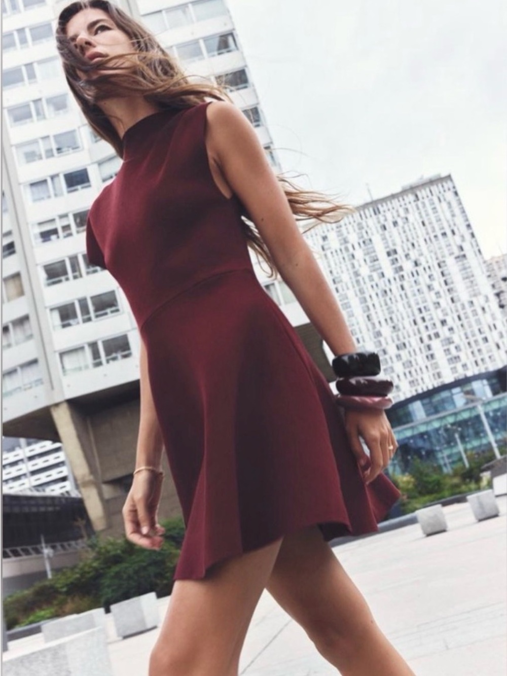 NWT Zara Sleeveless Burgundy Flared Midi Dress